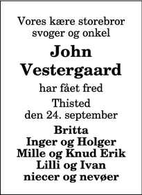 Dødsannoncen for John Vestergaard - Klitmøller