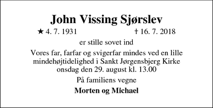 Dødsannoncen for John Vissing Sjørslev - Roskilde