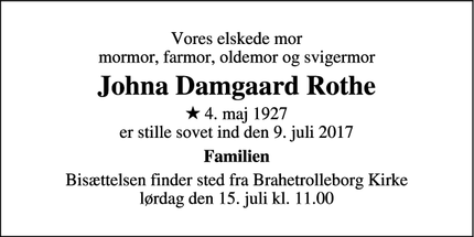 Dødsannoncen for Johna Damgaard Rothe - Korinth
