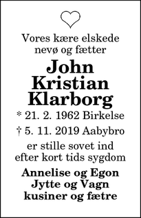 Dødsannoncen for John
Kristian
Klarborg - Aabybro