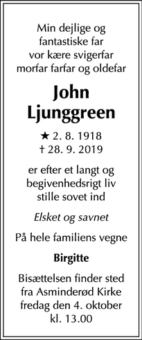 Dødsannoncen for John Ljunggreen - Fredensborg