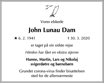 Dødsannoncen for John Lunau Dam - København