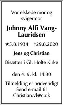 Dødsannoncen for Johnny Alfi Vang-Lauridsen - Holte