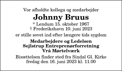 Dødsannoncen for Johnny Bruus - Løkken