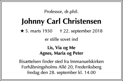 Dødsannoncen for Johnny Carl Christensen - Frederiksberg