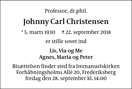 Dødsannoncen for Johnny Carl Christensen - Frederiksberg