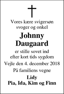Dødsannoncen for Johnny Daugaard  - Vejle