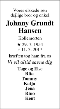 Dødsannoncen for Johnny Grundt Hansen - Kollemorten