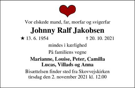 Dødsannoncen for Johnny Ralf Jakobsen - Ballerup 