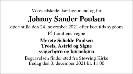 Dødsannoncen for Johnny Sander Poulsen - Støvring