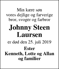 Dødsannoncen for Johnny Steen
Laursen - Viborg
