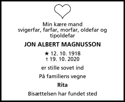 Dødsannoncen for Jon Albert Magnusson - Solrød Strand