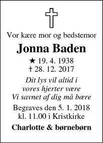 Dødsannoncen for Jonna Baden - Kolding