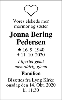 Dødsannoncen for Jonna Bering
Pedersen - Fredericia