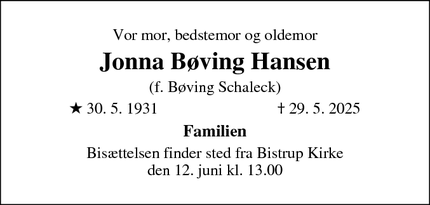 Dødsannoncen for Jonna Bøving Hansen - Birkerød