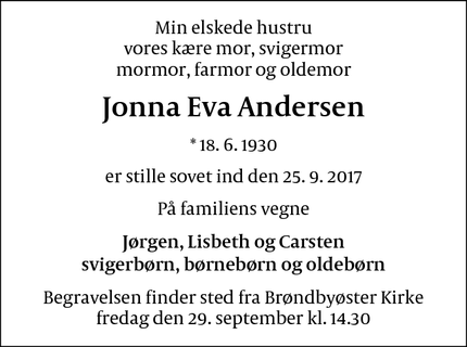 Dødsannoncen for Jonna Eva Andersen - Brøndbyøster