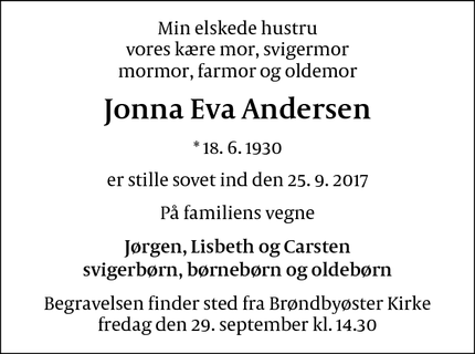 Dødsannoncen for Jonna Eva Andersen - Brøndbyøster