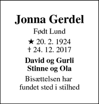 Dødsannoncen for Jonna Gerdel - Tilst