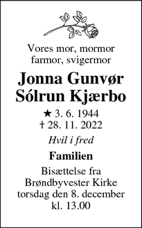 Dødsannoncen for Jonna Gunvør
Sólrun Kjærbo - Brøndby