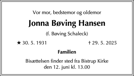 Dødsannoncen for Jonna Bøving Hansen - Birkerød