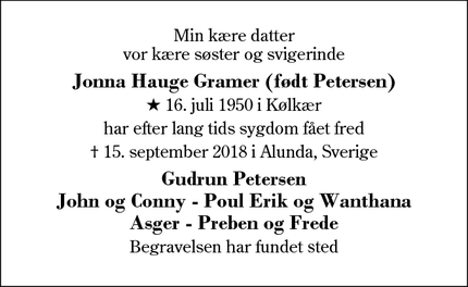 Dødsannoncen for Jonna Hauge Gramer (født Petersen) - Herning