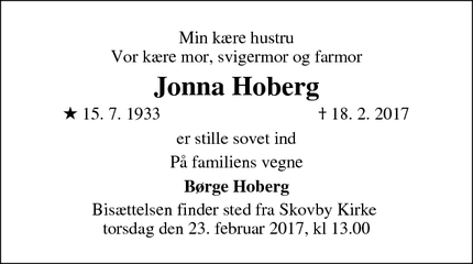 Dødsannoncen for Jonna Hoberg - Skovby
