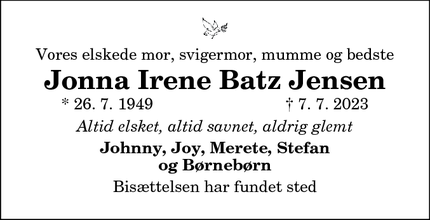 Dødsannoncen for Jonna Irene Batz Jensen - Kongerslev
