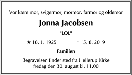 Dødsannoncen for Jonna Jacobsen - Birkerød