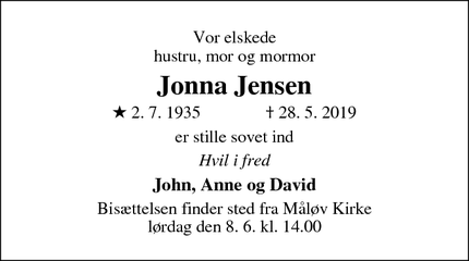Dødsannoncen for Jonna Jensen - Måløv