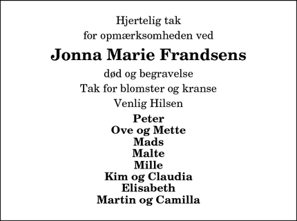 Taksigelsen for Jonna Marie Frandsens - Hirtshals
