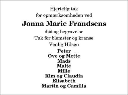 Taksigelsen for Jonna Marie Frandsens - Hirtshals