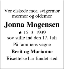 Dødsannoncen for Jonna Mogensen - Odense SV