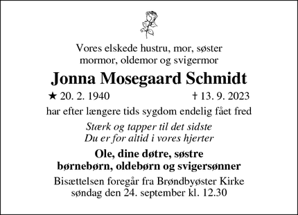 Dødsannoncen for Jonna Mosegaard Schmidt - Tune