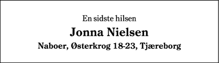 Dødsannoncen for Jonna Nielsen - Tjæreborg, Danmark