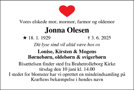 Dødsannoncen for Jonna Olesen - Bagsværd