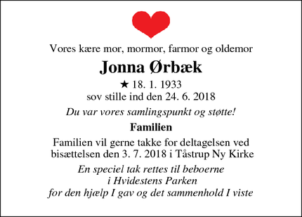 Dødsannoncen for Jonna Ørbæk - Allerød