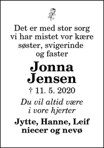 Dødsannoncen for Jonna
Jensen - Hobro