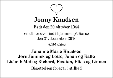 Dødsannoncen for Jonny Knudsen - Tønder og Åbenrå