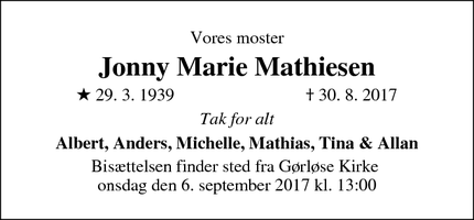 Dødsannoncen for Jonny Marie Mathiesen - Gørløse