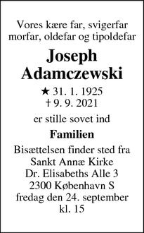 Dødsannoncen for Joseph
Adamczewski - Hellerup