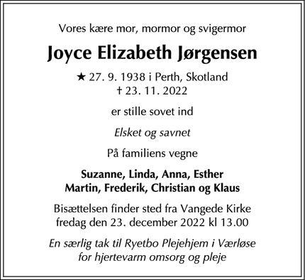 Dødsannoncen for Joyce Elizabeth Jørgensen - Gentofte