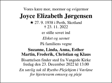 Dødsannoncen for Joyce Elizabeth Jørgensen - Gentofte