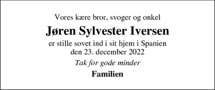 Dødsannoncen for Jøren Sylvester Iversen - Benalmadena Spanien