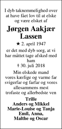 Dødsannoncen for Jørgen Aakjær Lassen - Ishøj