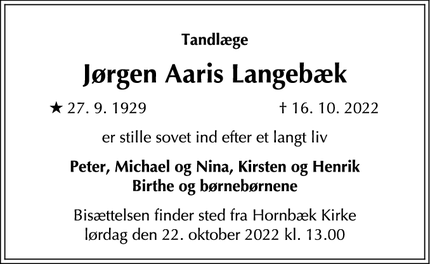 Dødsannoncen for Jørgen Aaris Langebæk - Århus C