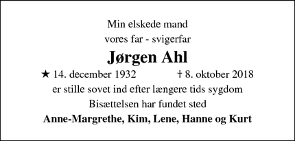 Dødsannoncen for Jørgen Ahl - Allerød