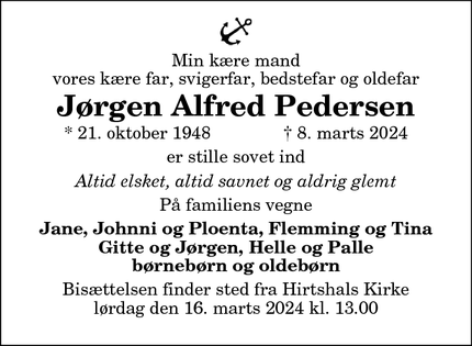Dødsannoncen for Jørgen Alfred Pedersen - Hirtshals