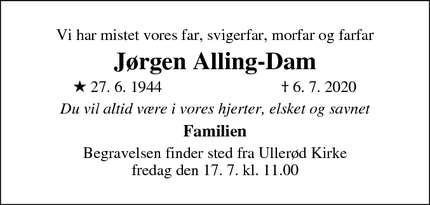 Dødsannoncen for Jørgen Alling-Dam - Hillerød