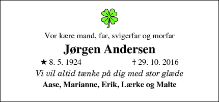 Dødsannoncen for Jørgen Andersen - Brenderup