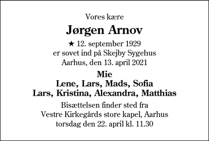 Dødsannoncen for Jørgen Arnov - Aarhus